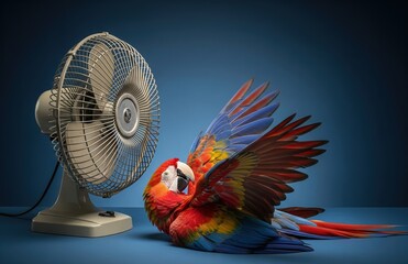 Tropical bird sprawled on ground by fan in desperate attempt to cool off in scorching heat, with feathers loose and breath visible