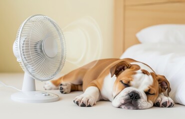 Bulldog pup naps under spinning fans to find relief from summer heat inside home, avoiding risk of heatstroke on extreme hot day
