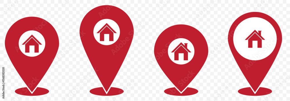 Poster red flat icon set of location and map pins on transparent background. eps 10.