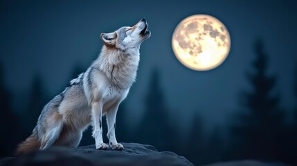 Wolf is howling at the moon in the woods. The moon is full and bright, casting a silvery light on the trees. The wolf's howl echoes through the forest, creating a sense of mystery and wonder