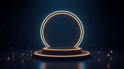 Modern neon podium with circular light frame and glowing orbs