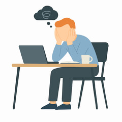 Flat Illustration Depressed Man Sitting at Desk Feeling Overwhelmed Graphic