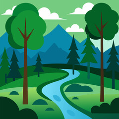 Obraz premium Forest scene with many trees and river vector landscape background.
