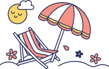 A vibrant vector illustration of a summer beach set with an umbrella, chairs, and parasol on the sand, perfect for a relaxing tropical vacation by the sea under the sun