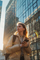 A candid city scene as a young woman stays focused on her smartphone while walking across the road — a snapshot of modern urban habits.
