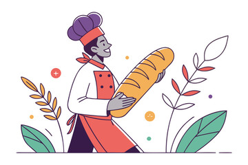 Baker with Fresh Bread: A happy baker proudly presents a long loaf of freshly baked bread, surrounded by stylized wheat and leaves.