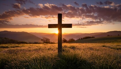 dramatic sunrise behind easter cross in field colorful sky and dewy grass enhance spiritual and serene springtime setting with distant hills