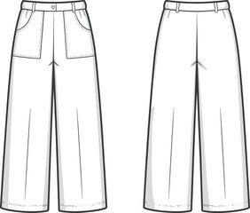 Wide-leg high-waisted women’s trousers with front patch pockets, belt loops, flat sketch technical fashion CAD, minimalist apparel design for pants template