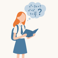 Flat Illustration of a Girl Student Thinking of Math Problems Illustration