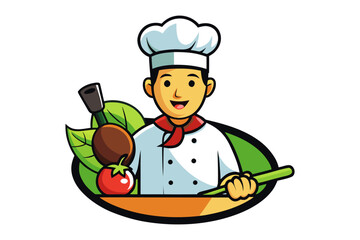 Chef Mascot Illustration: A cheerful chef mascot stands ready to cook, featuring vibrant fresh ingredients for healthy eating.
