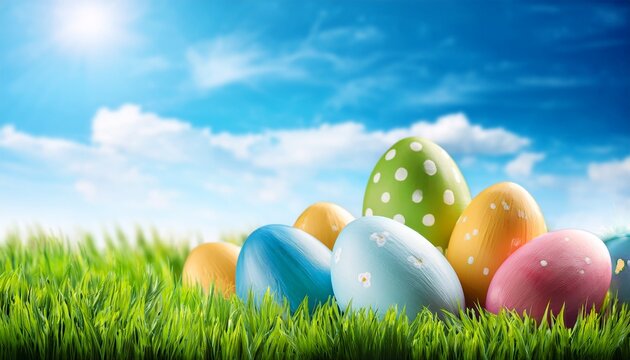 easter background with eggs and blue sky