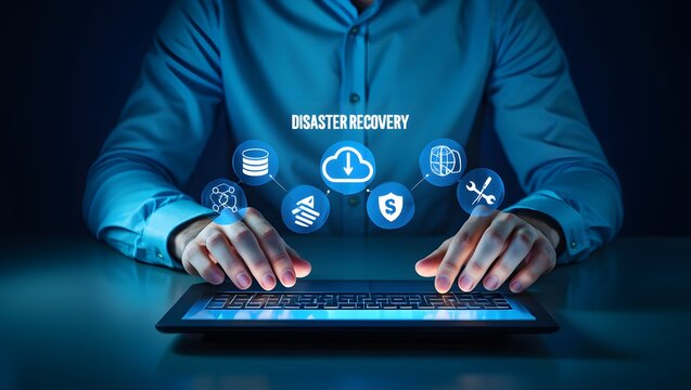 Disaster recovery concept, IT system protection. Person using laptop with disaster recovery icon on virtual screen. Restoring critical systems and data.