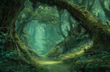 Enchanted Verdant Forest Path trees moss