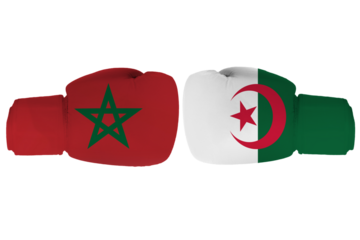Boxing gloves with Algerian and Moroccan flags facing each other symbolizing a fight confrontation, rivalry or diplomatic tension, isolated on a transparent background.