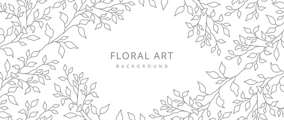Abstract Floral line art frame. Luxury background with hand drawn minimal  branches and leaves. Vector illustration for card, banner, print, poster, cover, wedding invitation, packaging