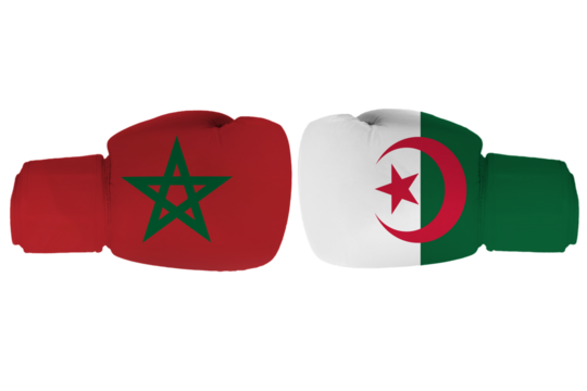 Boxing gloves with Algerian and Moroccan flags facing each other symbolizing a fight confrontation, rivalry or diplomatic tension, isolated on a transparent background. - Powered by Adobe