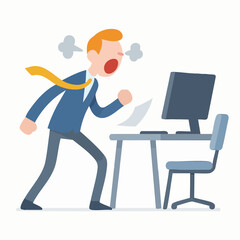 Flat Illustration Annoyed Businessman at Desk with Computer Office Scene
