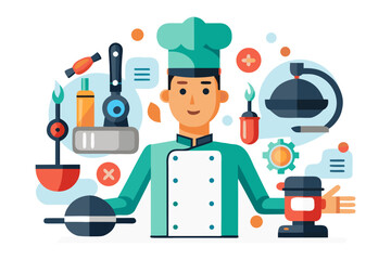 Chef with Culinary Tools: A friendly chef in a teal uniform stands proudly, surrounded by an array of vibrant culinary tools and ingredients, symbolizing the art and passion of cooking.