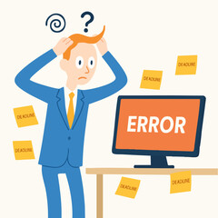 Flat Illustration Frustrated Businessman Experiencing Error on Computer Workplace Scene