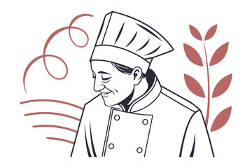 Culinary Craft: A line art illustration of a skilled chef wearing a tall toque and uniform, exuding expertise and pride in their craft, alongside decorative organic elements.
