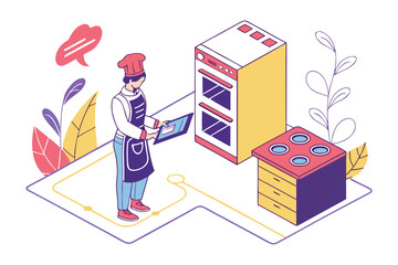 Culinary Innovation: A chef stands in an isometric kitchen, immersed in digital culinary exploration