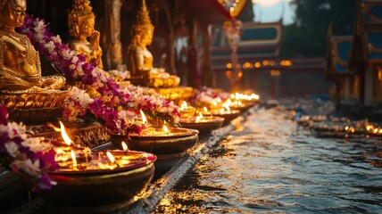 Golden Buddha statues adorned with flower garlands and lit oil lamps beside a water channel create a serene and spiritual atmosphere at a temple.