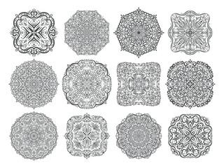 set of circular intricate ornamental designs. Collection of mandalas or heraldic emblems for logo design, invitations, tattoos, or textile prints