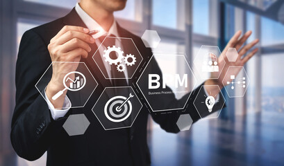 Business Process Management concept showing workflow analysis, process optimization, team...
