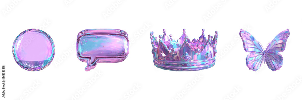Poster holographic 3d icons set. futuristic design and aesthetic elements collection isolated on transparen