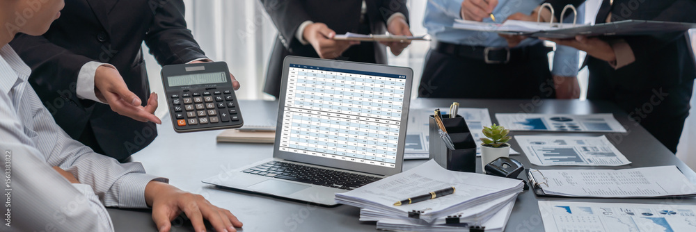 Poster accounting software on computer screen showing financial statement spreadsheets and account balance 