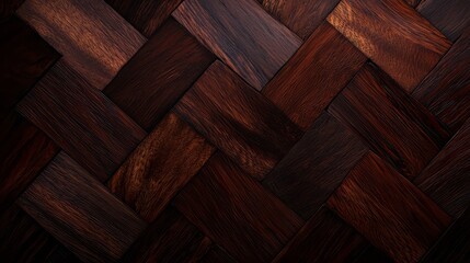 Wooden floor with a pattern of squares and rectangles. The wood is dark brown and he is of high quality. The pattern of the wood is intricate and adds a sense of depth to the floor
