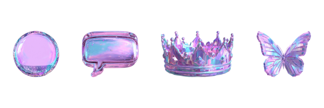 Holographic 3D Icons Set. Futuristic Design And Aesthetic Elements Collection Isolated On Transparent Background - Powered by Adobe