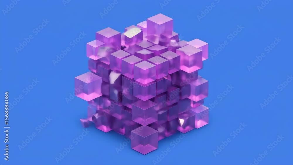 Aufkleber abstract purple cubes 3d animation - a cluster of translucent purple cubes forms a dynamic, three-di