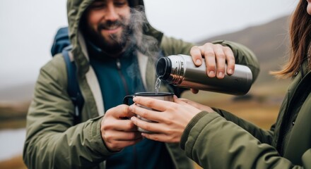 Couple enjoying hot drink from thermos flask during outdoor hiking adventure, sharing warm moment together in mountain wilderness landscape.