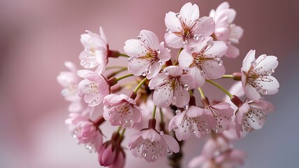 Delicate pink cherry blossoms adorned with sparkling water droplets in soft light