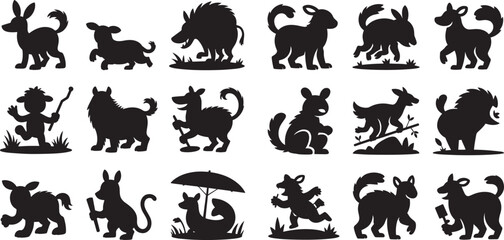 Fototapeta premium Cartoonish animal silhouettes bundle animals black