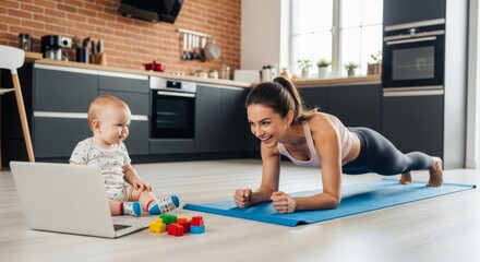 Mom exercising on yoga mat in kitchen while toddler sits with laptop and colorful blocks. Work-life balance, motherhood and healthy lifestyle at home during childcare.