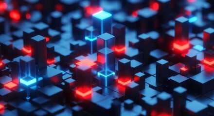 Isometric glowing cubes in red and blue colors creating digital network pattern. Modern tech background with illuminated geometric blocks. Big data, AI and cyber technology concept.