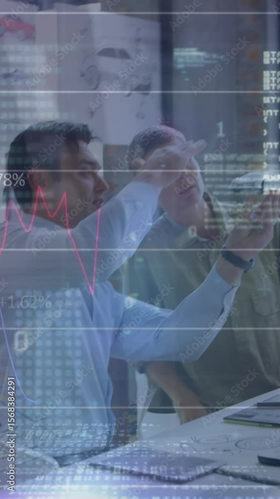 Poster statistical data processing over two diverse male engineers discussing over a car model