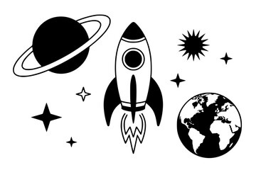 Rocket, Moon, Planet & Earth – Bold Minimalist Vector Line Art for Apparel and Vinyl Cutting Generative AI