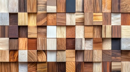 Wooden wall with many different types of wood. The wall is made up of many different sized squares of wood