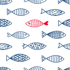 Cute fish. Sardines, salmon. Vector seamless pattern