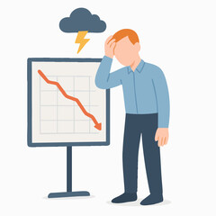 Flat Design Business Finance Downturn Graph with Thunderstorm and Man Character Illustration