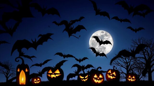 halloween night decorative with bat and moon background. seamless looping time-lapse virtual video animation backgrounda
