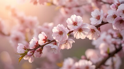 Obraz premium Delicate pink cherry blossoms bloom on a branch with soft sunlight and bokeh background