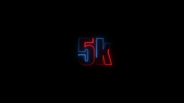 Abstract Neon Light 5K Letter Icon Animation on black background 4K Video ,Thank you for 5k followers online social banner happy celebration
