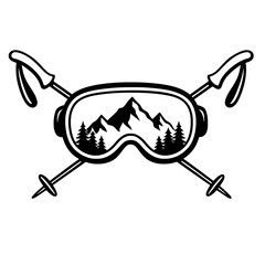 Ski Goggles with Mountains and Poles Vector Illustration