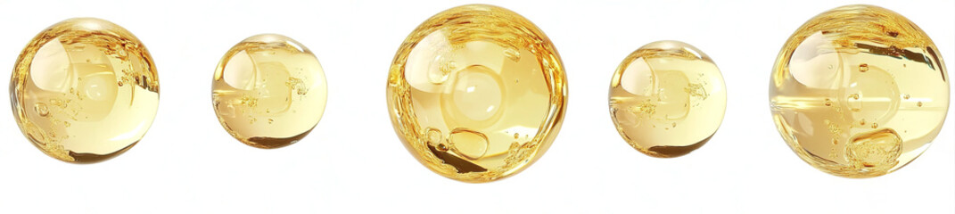 set of  golden oil bubbles in different angles and positions, on a transparent background