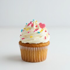 Vanilla cupcake with white frosting, colorful sprinkles, and heart topper on white background, ideal for birthday party designs, bakery menus, and dessert packaging visuals