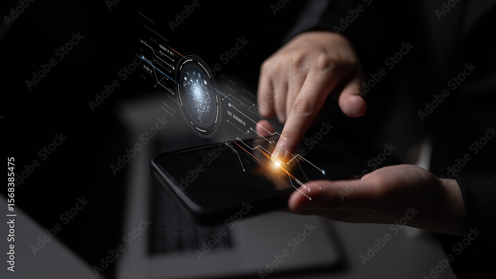 Poster ai artificial intelligence with digital brain and connected data circuit. ai core processes data, ai